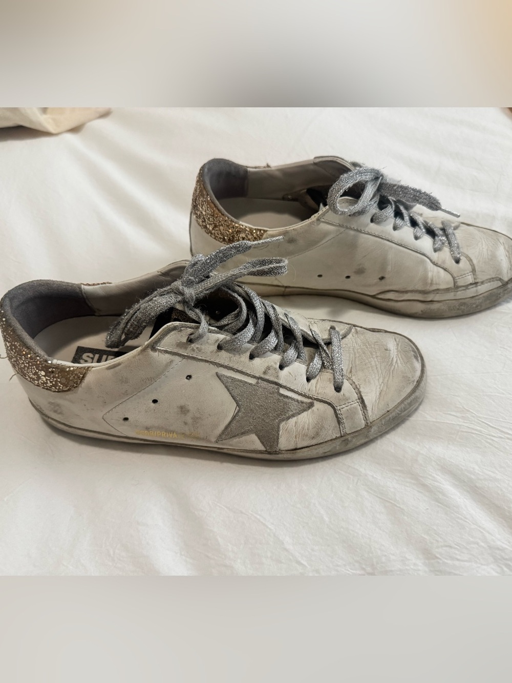Golden Goose White Leather Sneakers with Gold Sequin Panel & Silver Laces
